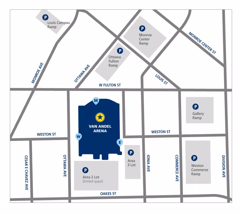 A map of entrances to Van Andel Arena. W entrance is near the corner of Weston St. SW and Ottawa Ave. M is near Fulton St. E is on the east side of the arena on Weston St. SW