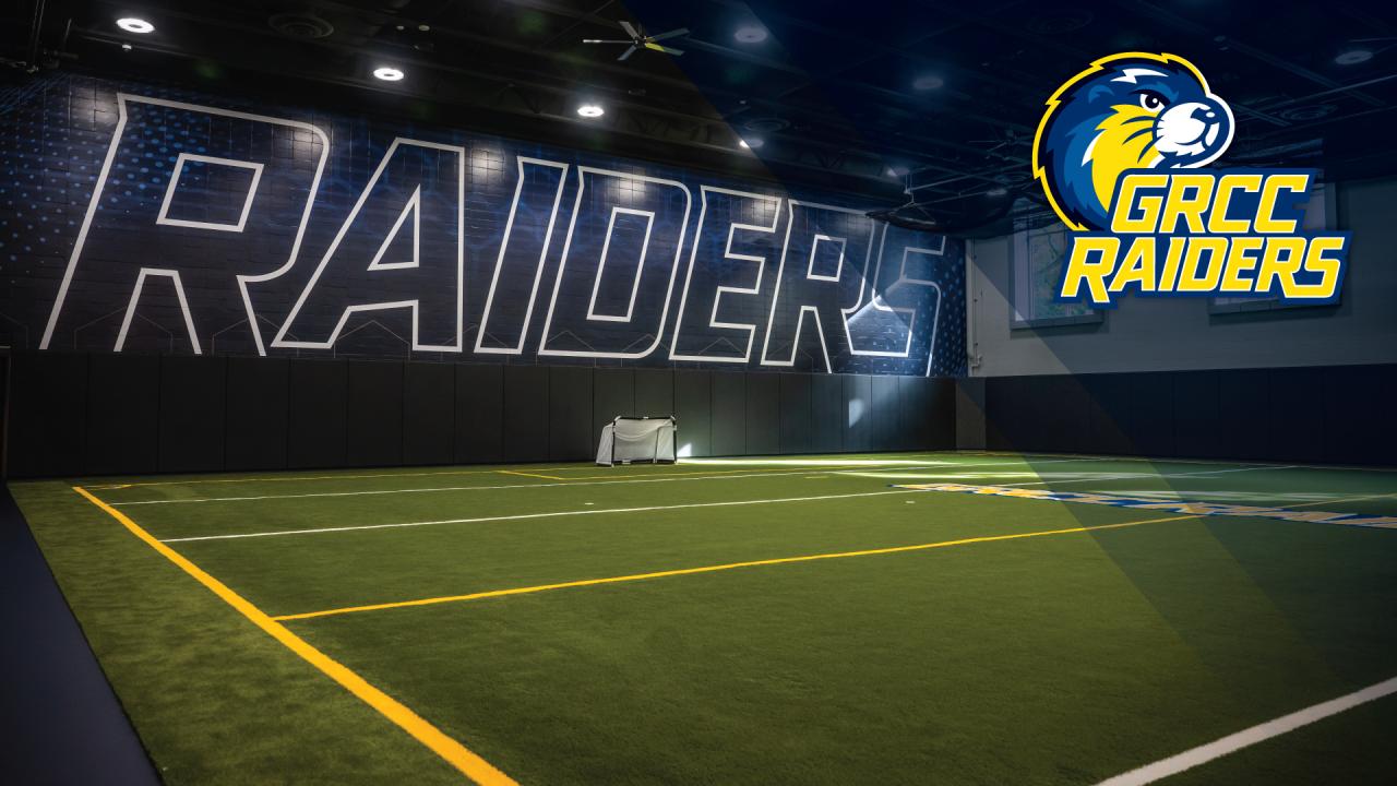A Zoom background featuring a picture of the recreation center turf field and the mascot mark.