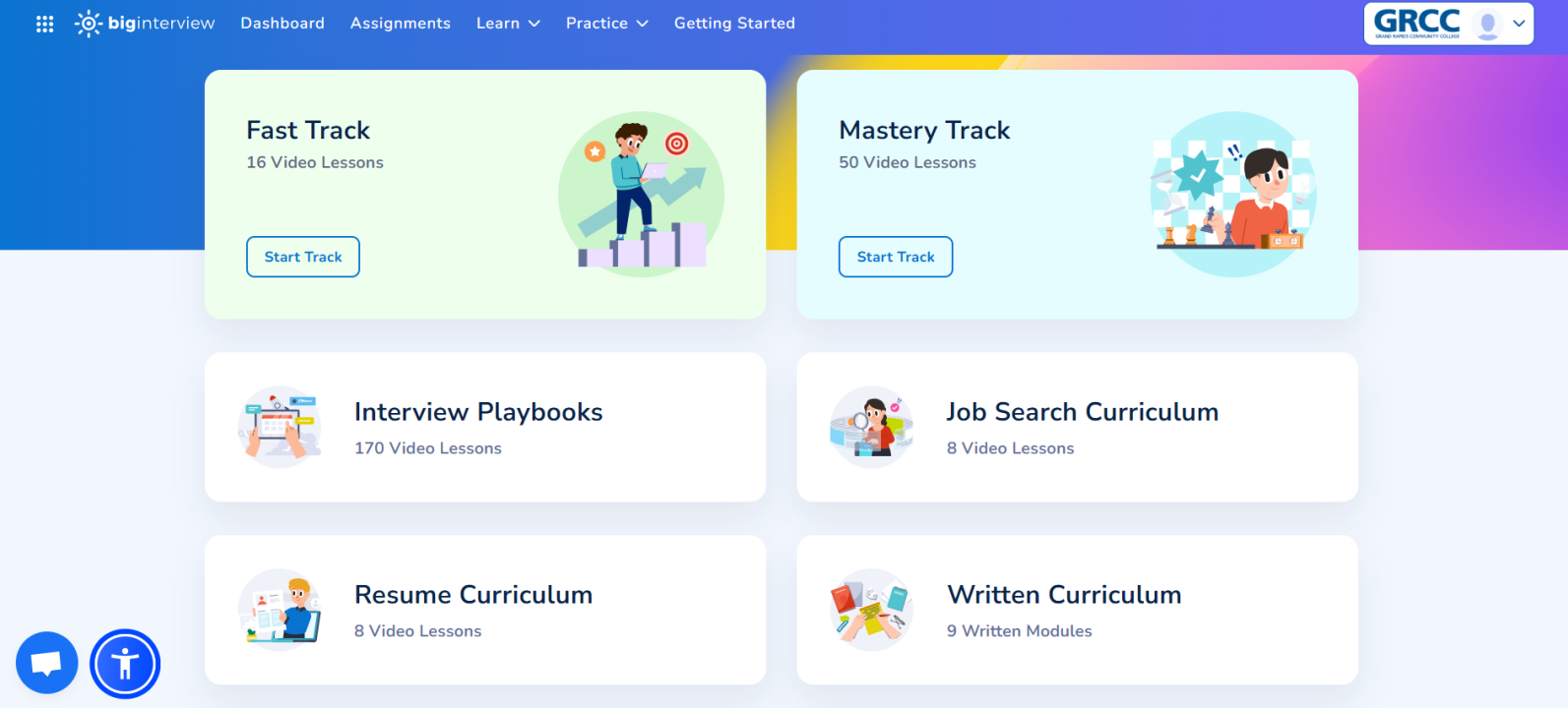 Screenshot of the Big Interview platform showing the courses menu.