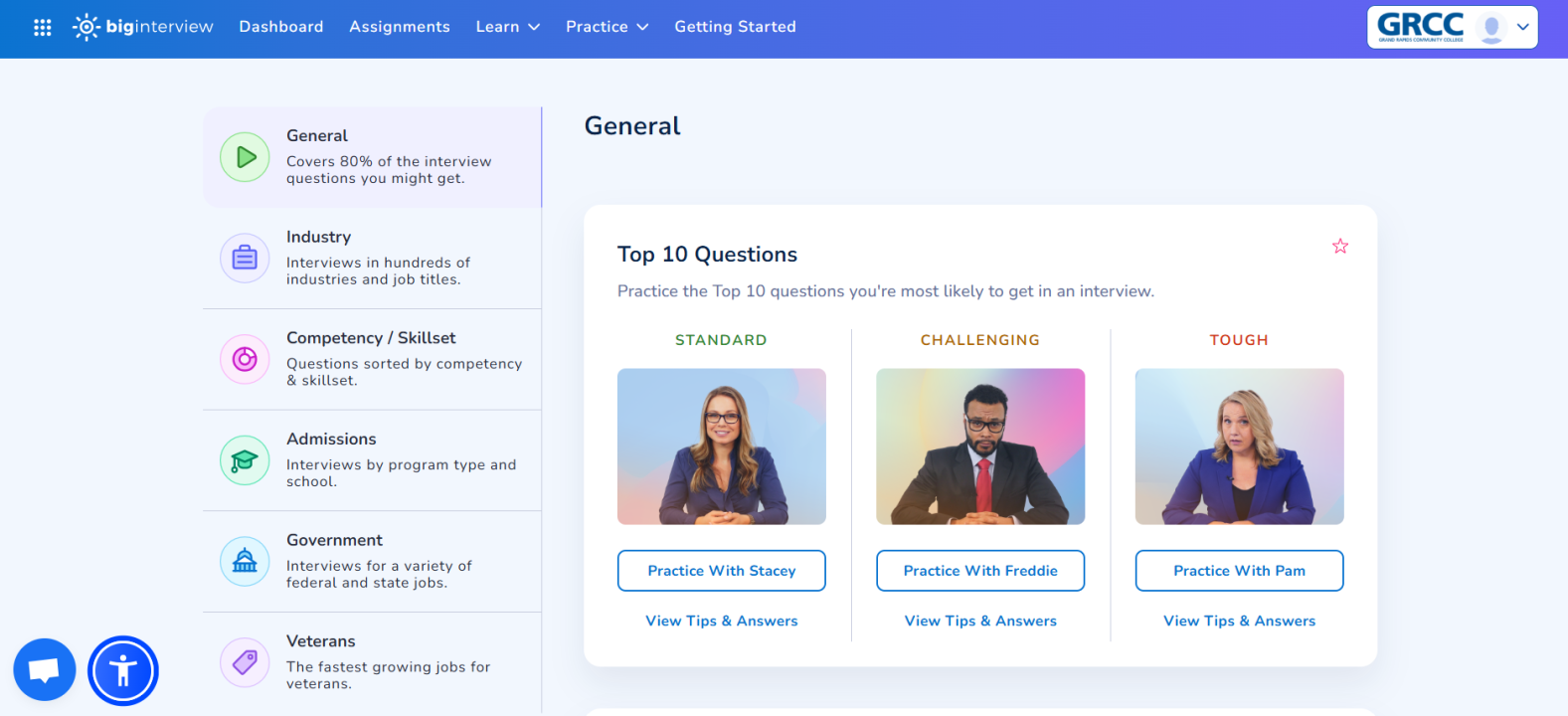 Screenshot of the Big Interview website showing example interview practice sets.