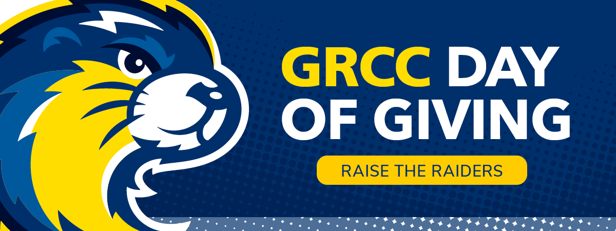 A banner image featuring the River Raider, reading GRCC Day of Giving Raise The Raiders
