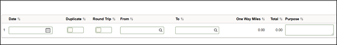 A screenshot of a single, blank mileage entry. Includes empty boxes to enter Date, From, To, and Purpose.