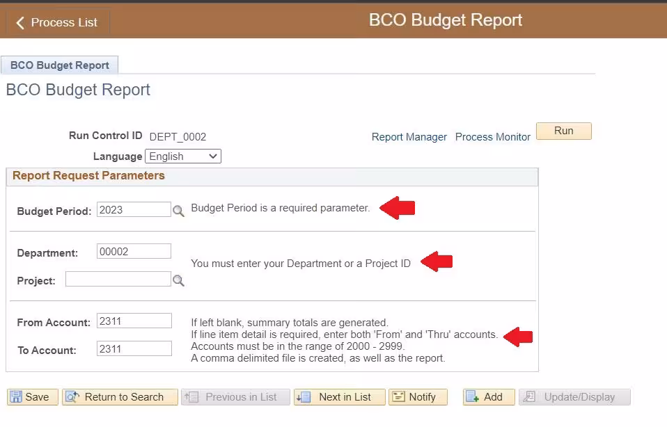A screenshot of the BCO budget report configuration screen featuring the budget period, department or project ID and from/to account fields.