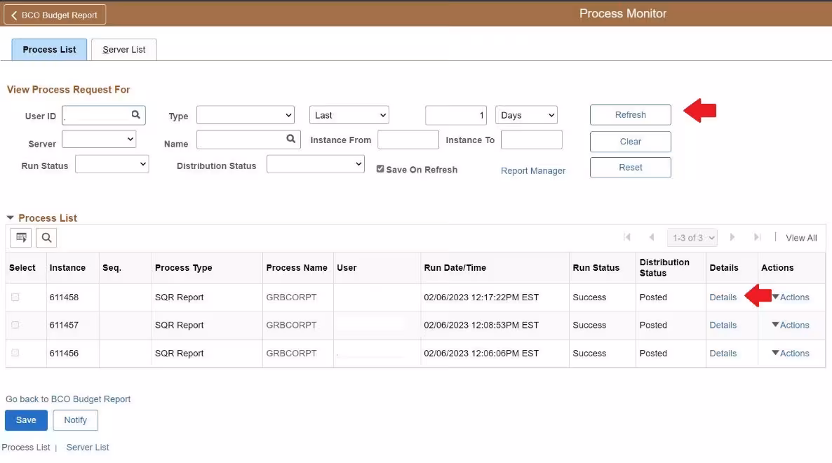 A screenshot of the BCO report process list, highlighting the Refresh and Details options.