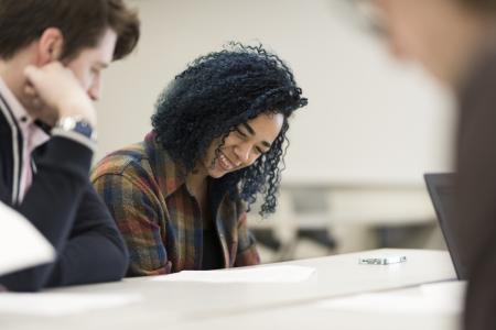 Two students working in a classroom