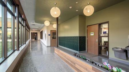 A hallway with windows.