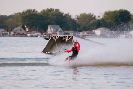 GRCC assistant professor Jonathan Wyckoff shows off his waterskiing skills on a local lake.