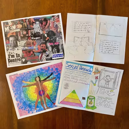 Zines from a gender studies course project featuring illustrations, collages and poetry.