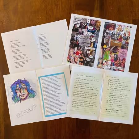 Zines from a gender studies course project featuring illustrations, collages and poetry.