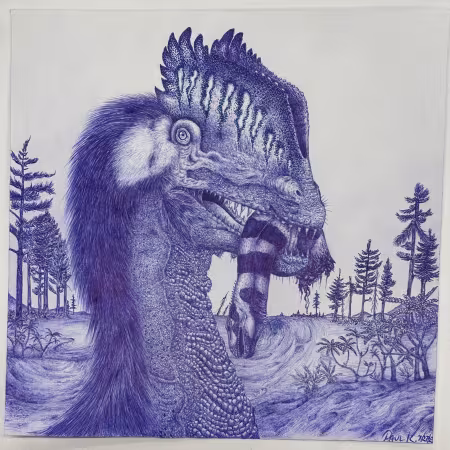 A drawing of a dinosaur holding another creature in its teeth