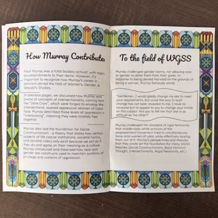 An interior page of a student zine with an article about how Pauli Murry contributes to the field of WGSS.