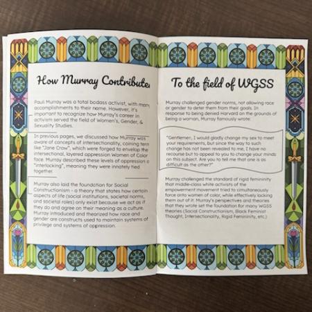 An interior page of a student zine with an article about how Pauli Murry contributes to the field of WGSS.