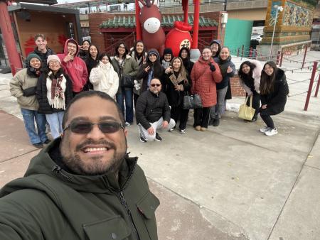 Members of GRCC's Latino Student Union take a group selfie in downtown Chicago.