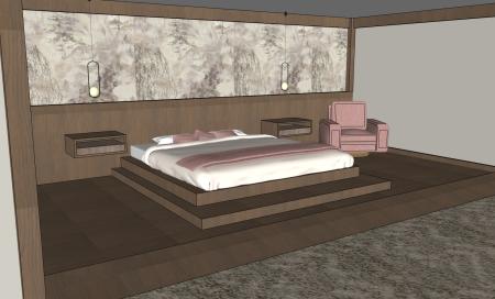 A digital rendering of a hotel room designed by Lexy LaClear.