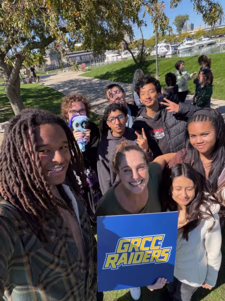 Students take a selfie on the Detroit River Story Lab trip.