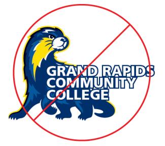 A crossed out, nonstandard logo featuring the River Raider with "Grand Rapids Community College" in the foreground. 