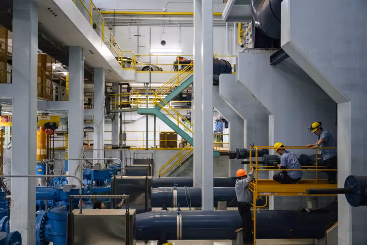 A large room with concrete pillars and large pipes. People work on scaffolding.