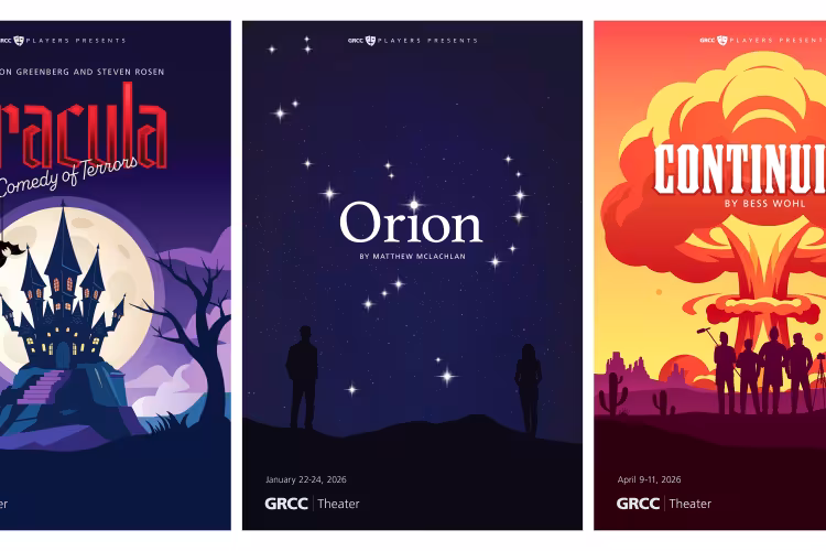 Posters for three plays: Dracula, featuring a spooky castle, Orion, featuring a starry sky, and Continuity, featuring an atomic explosion.