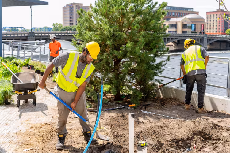 People in reflective vests and hardhats dig with shovels.