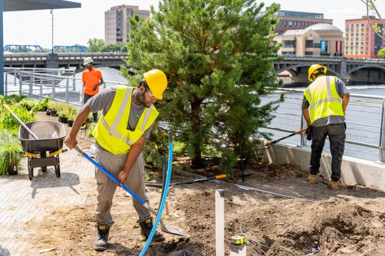 People in reflective vests and hardhats dig with shovels.