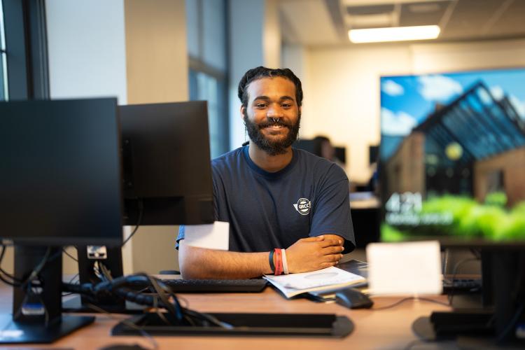 A GRCC student sits in a computer lab and prepares to complete the FAFSA