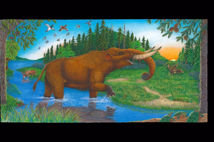 An vibrant illustration of a mastodon standing in a river.