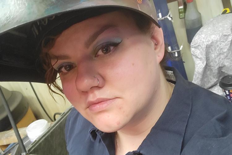 Emily Rivera in her welding gear.