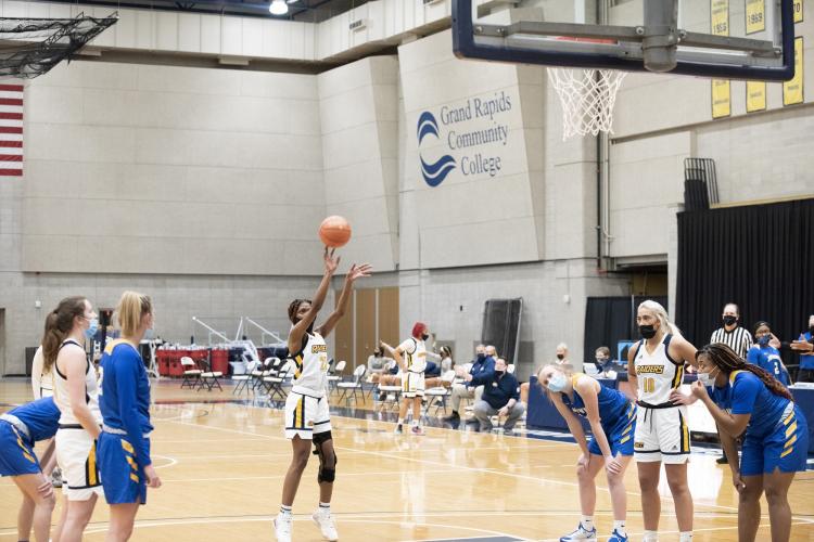 GRCC women's basketball player at the foul line.