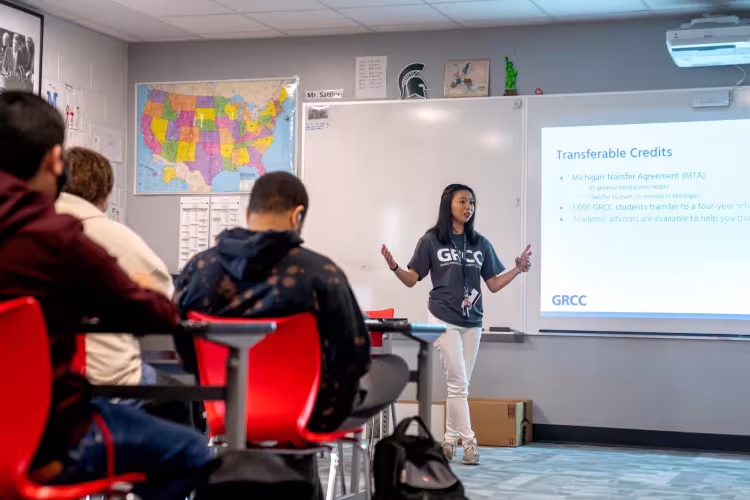 GRCC student Hannah Kragt talking to Union High students.