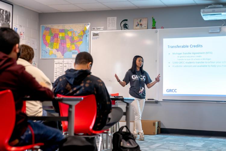GRCC student Hannah Kragt talking to Union High students.