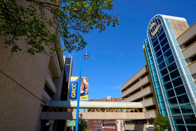 A summer scene showing GRCC's downtown campus buildings. 