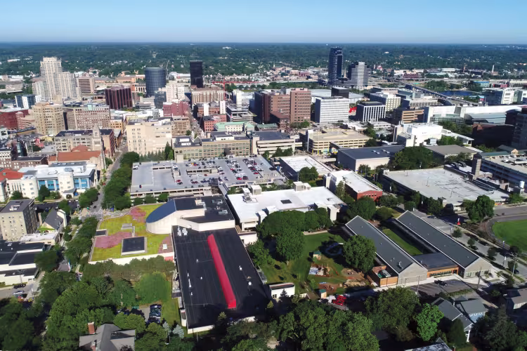 An aerial view of GRCC's main campus and downtown Grand Rapids. 