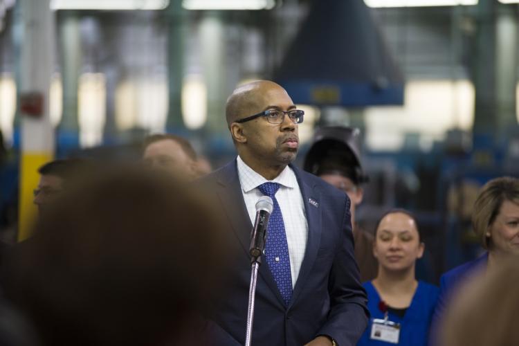 GRCC President Bill Pink at a press conference in the M-TEC