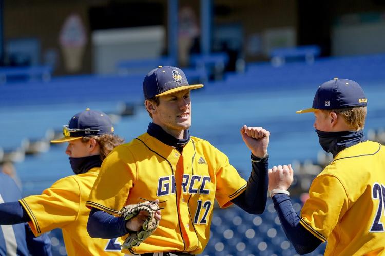 Baseball players celebrating.