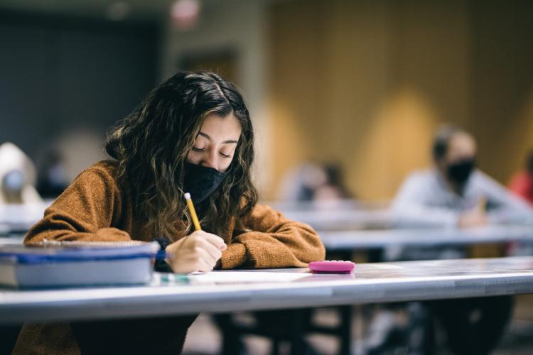 GRCC student wearing a face covering in a math class.