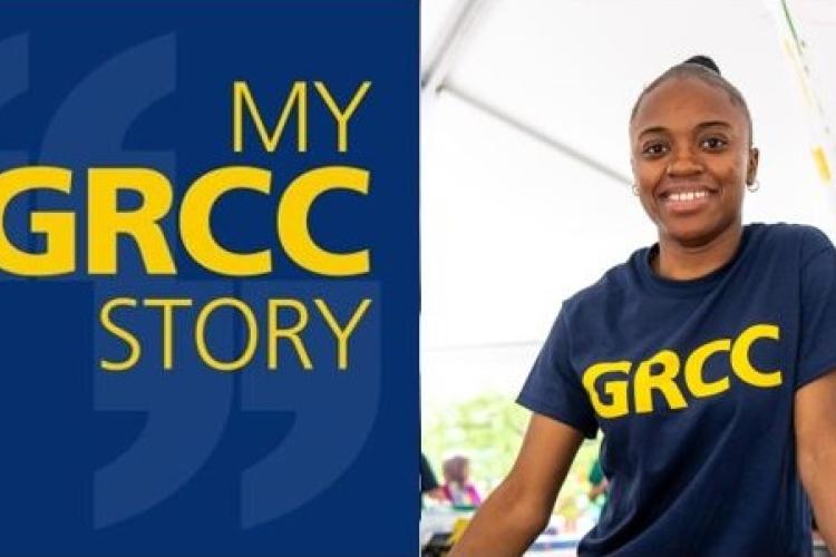 The My GRCC Story podcast logo and a portrait of Evodie Djunga.
