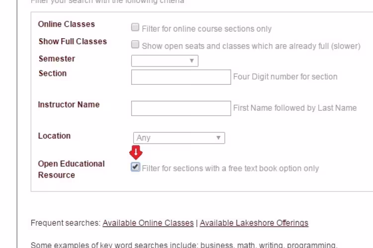 A screen capture of the advanced search for GRCC courses with a red arrow indicating how you filter for courses with a free textbook option.