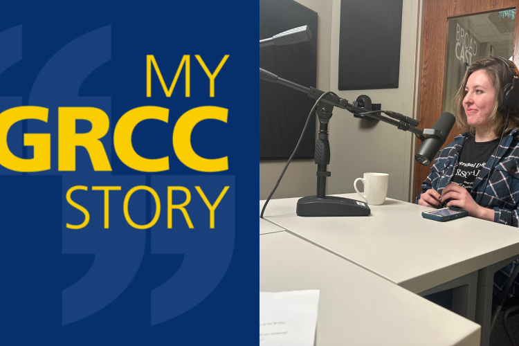 Lydia Herdigan recording the My GRCC Story podcast.