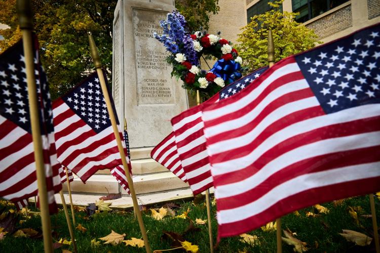 Flags waving at the GRCC veterans memorial. 