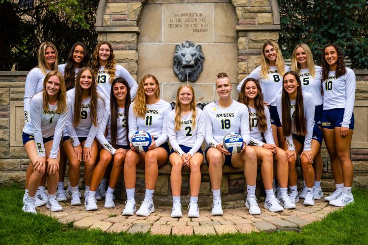 The GRCC volleyball team, posing with the iconic lion fountain, was ranked No. 5 in the nation. 