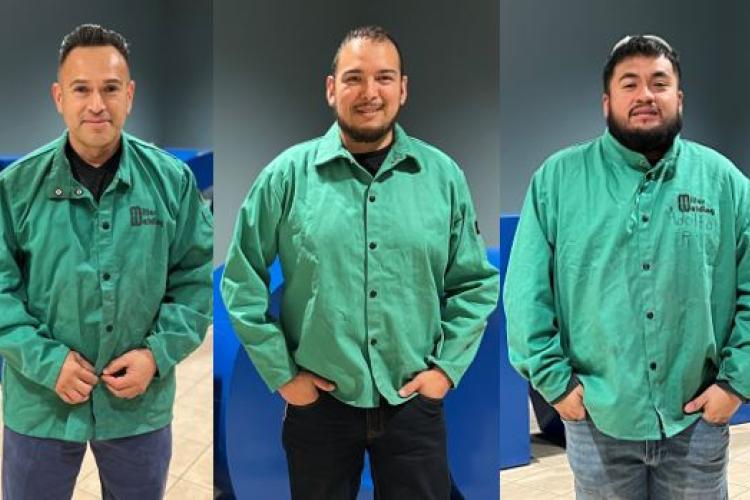 Edgar Ocampo, Salvador Quintono and Adolfo Reyes in their welding coats at the MTEC.