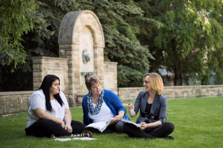 Students sitting ont he grass near the iconic lion statue.