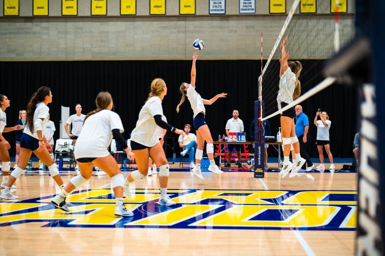 A GRCC volleyball player jumping to hit the ball.