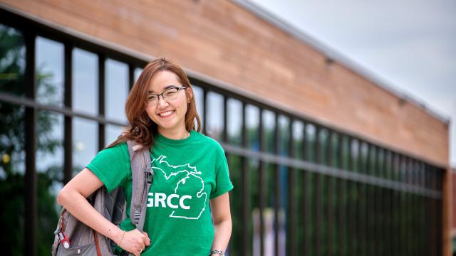 Student on the Lakeshore Campus wearing a GRCC T-shirt.