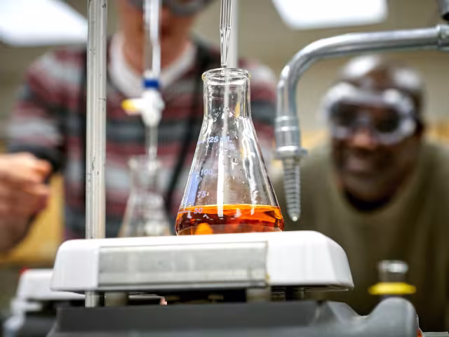 A beaker with fluid being obverserces by students.