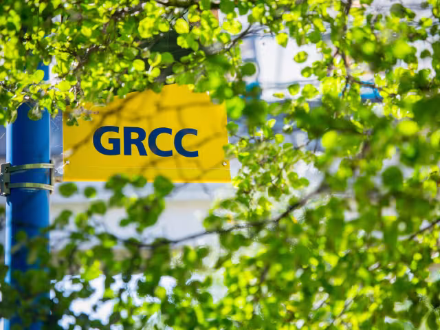 GRCC street light banner blocked by some leaves.