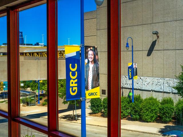 GRCC street lamp banner shot from the third floor of the Student Center