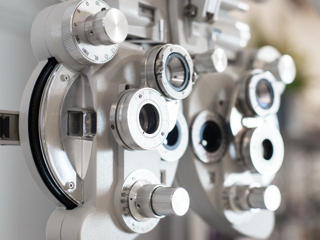Close up of phoropter eyesight measurement testing machine.