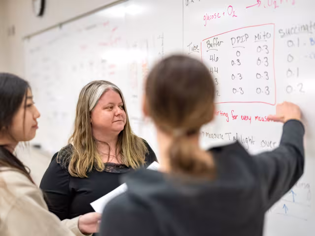 Biology professor Niki Evans explains a concept on a whiteboard to two students.