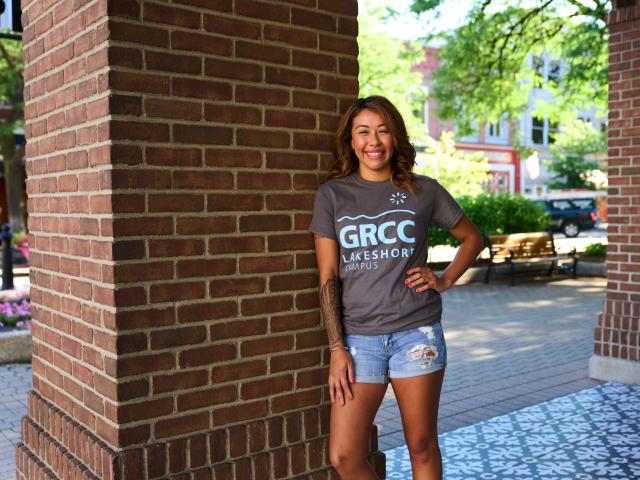 A student wearing a GRCC Lakeshore shirt